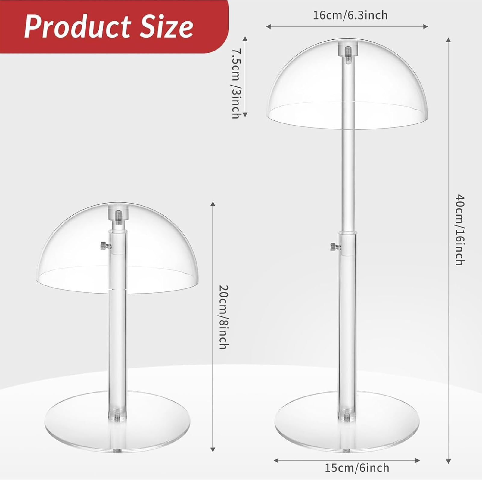 Acrylic Hat Stand - 40cm Adjustable Holder | Clear Domed Pedestal, Decorative Height Adjustable Storage for Fedora Wigs and Jewelry Display on Bedroom Dresser Closet Table and Boutique