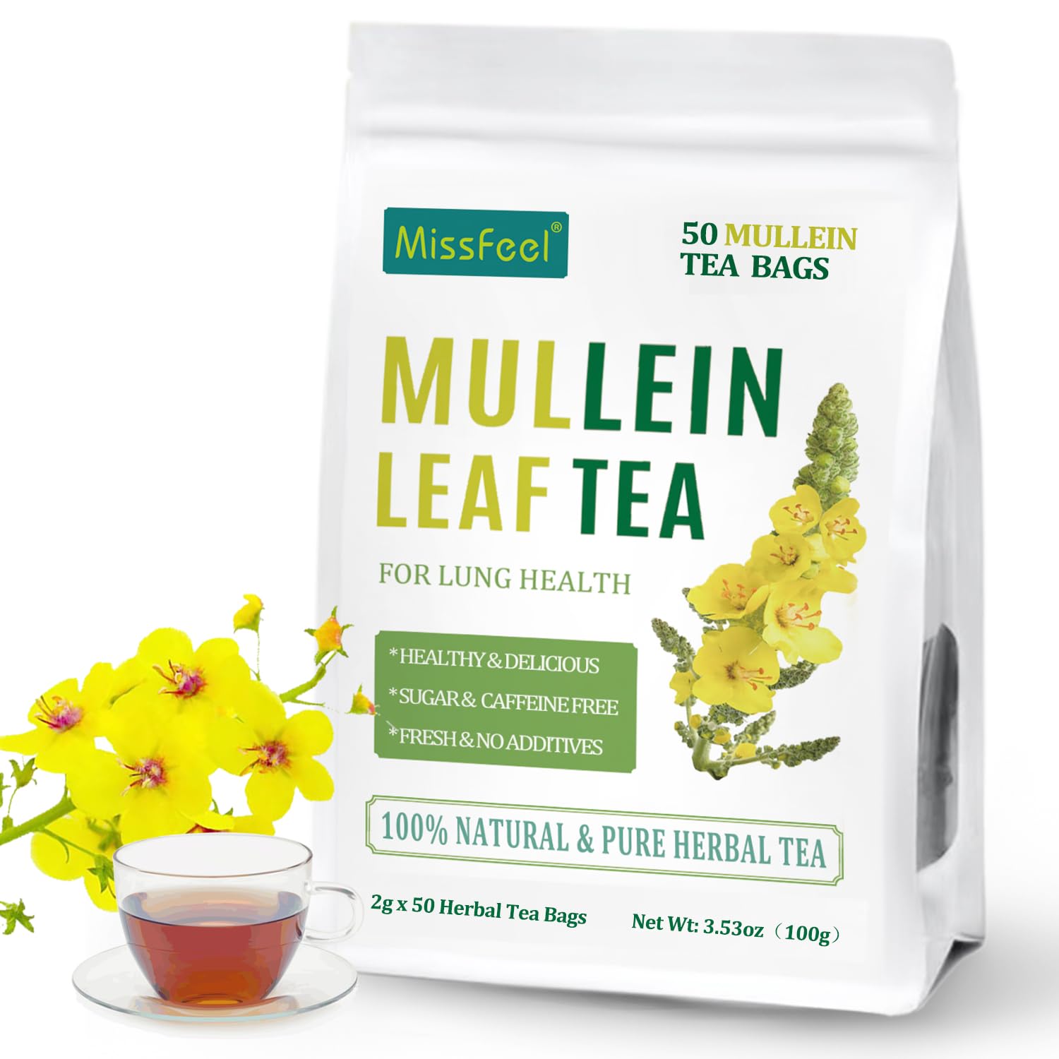 Mullein Leaf Tea, Mullein Leaf Tea Bags for Respiratory, Natural Mulleins Teas for Lung, Natural Herbal Teas, Caffeine-free, Sugar-free (50 Pcs 1 Bag, Mullein Leaf Tea)