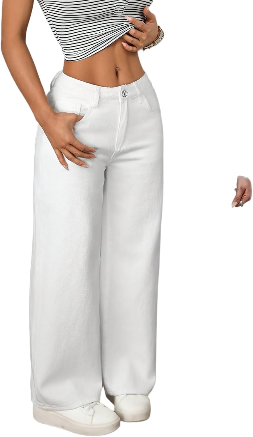 White Elegant Stretch Wide-Leg Jeans