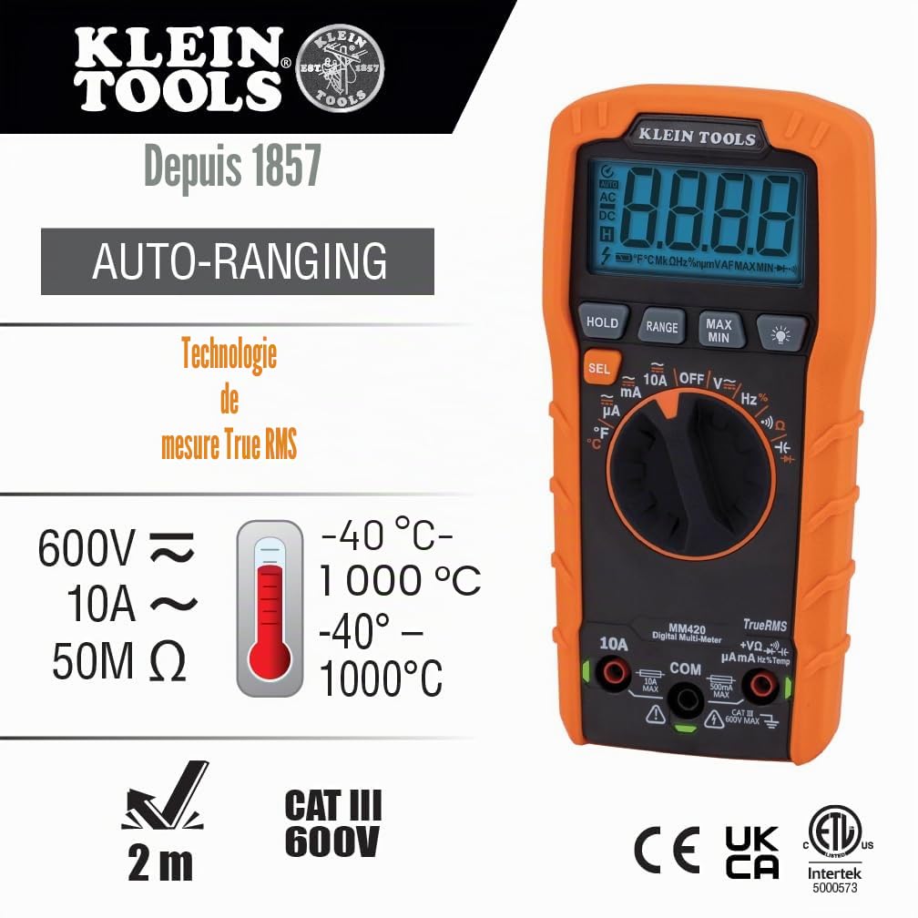 Klein Tools MM420 Multimètre numérique TRMS 600V AC/DC | Auto-plage | Tension Courant Résistance Fréquence Capacitance | Test diode Continuité CAT III