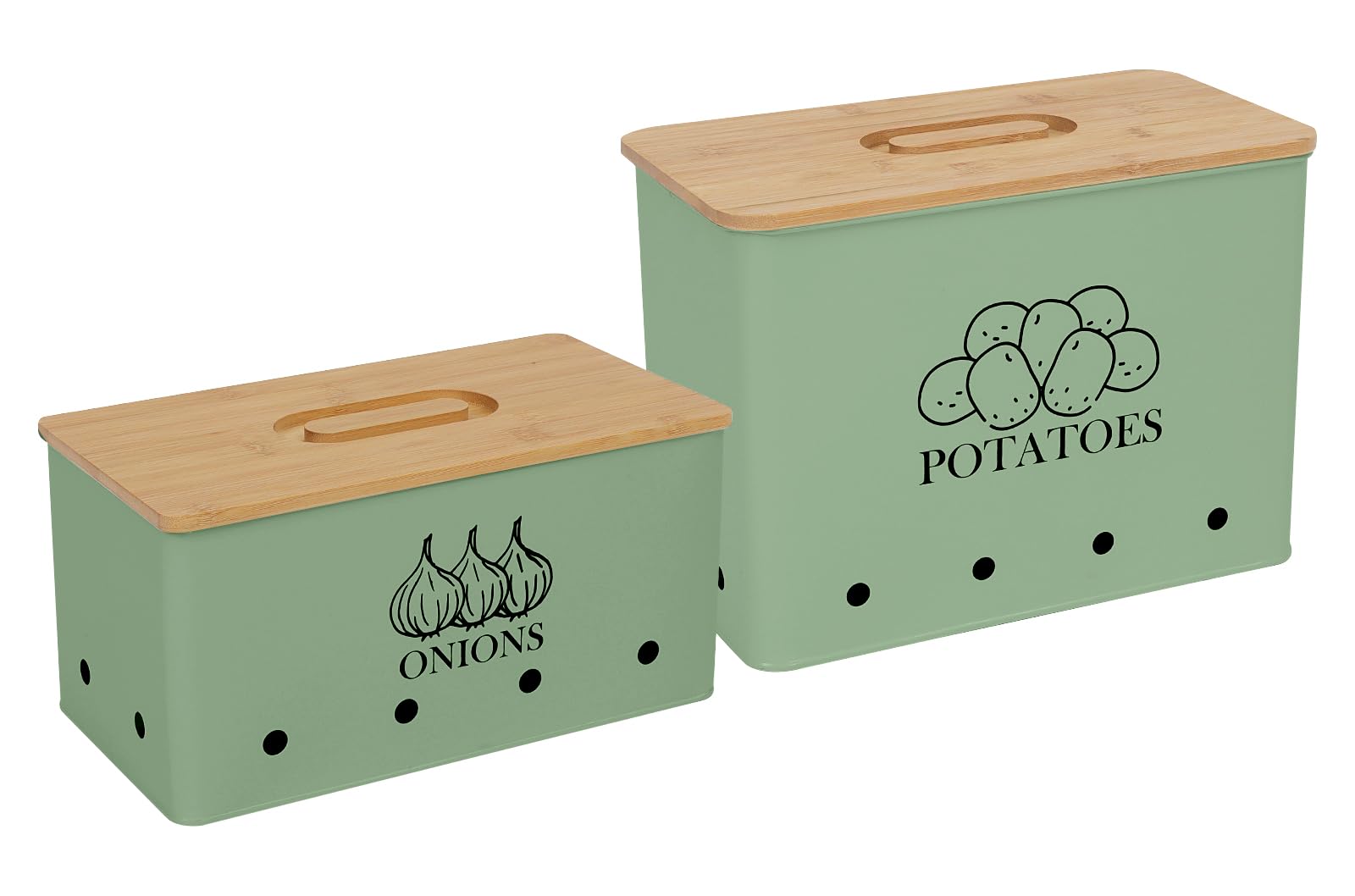 Xbopetda Potato Onion Storage Box, Food Container Sets, Storage Canisters for Vegeatables, Set of 2 Jars Pots Containers, Potato & Onion Bin with Aerating Tin Storage Holes & Wooden Lid-Green