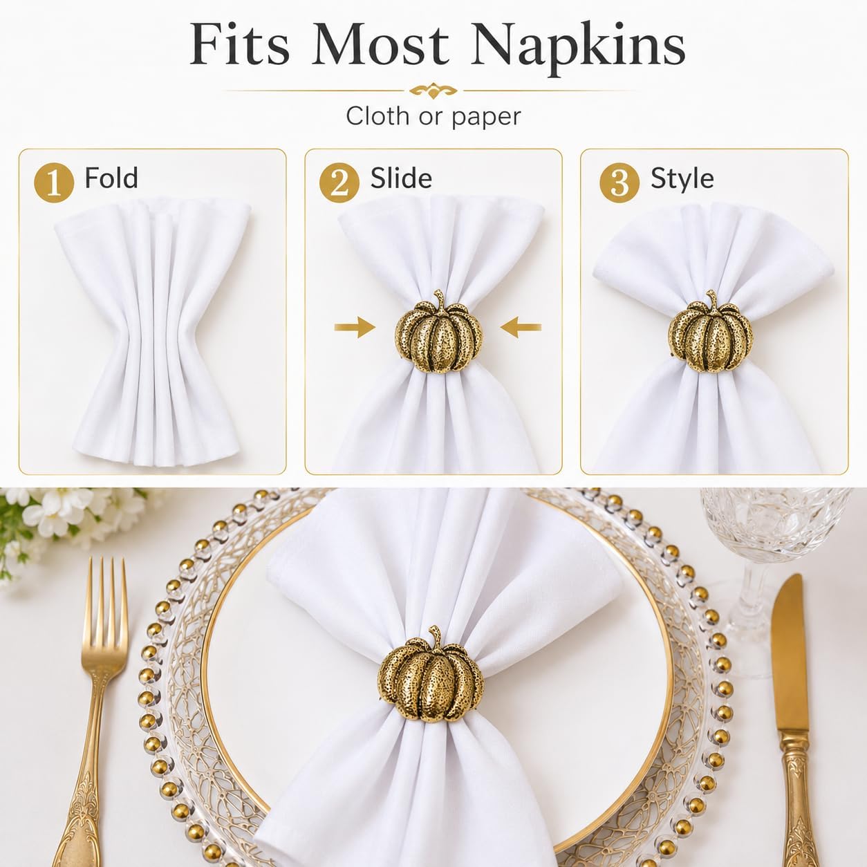 Fall Napkins Rings 6 Pcs Metal Gold Napkin Ring for Thanksgiving