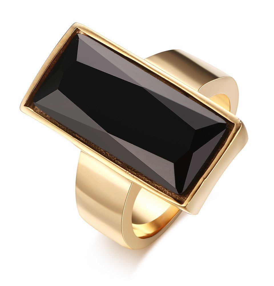 Vintage Fashion Stainless Steel Gold Plated Rectangular Black Glass Crystal Cocktail Statement Onyx Ring for Women