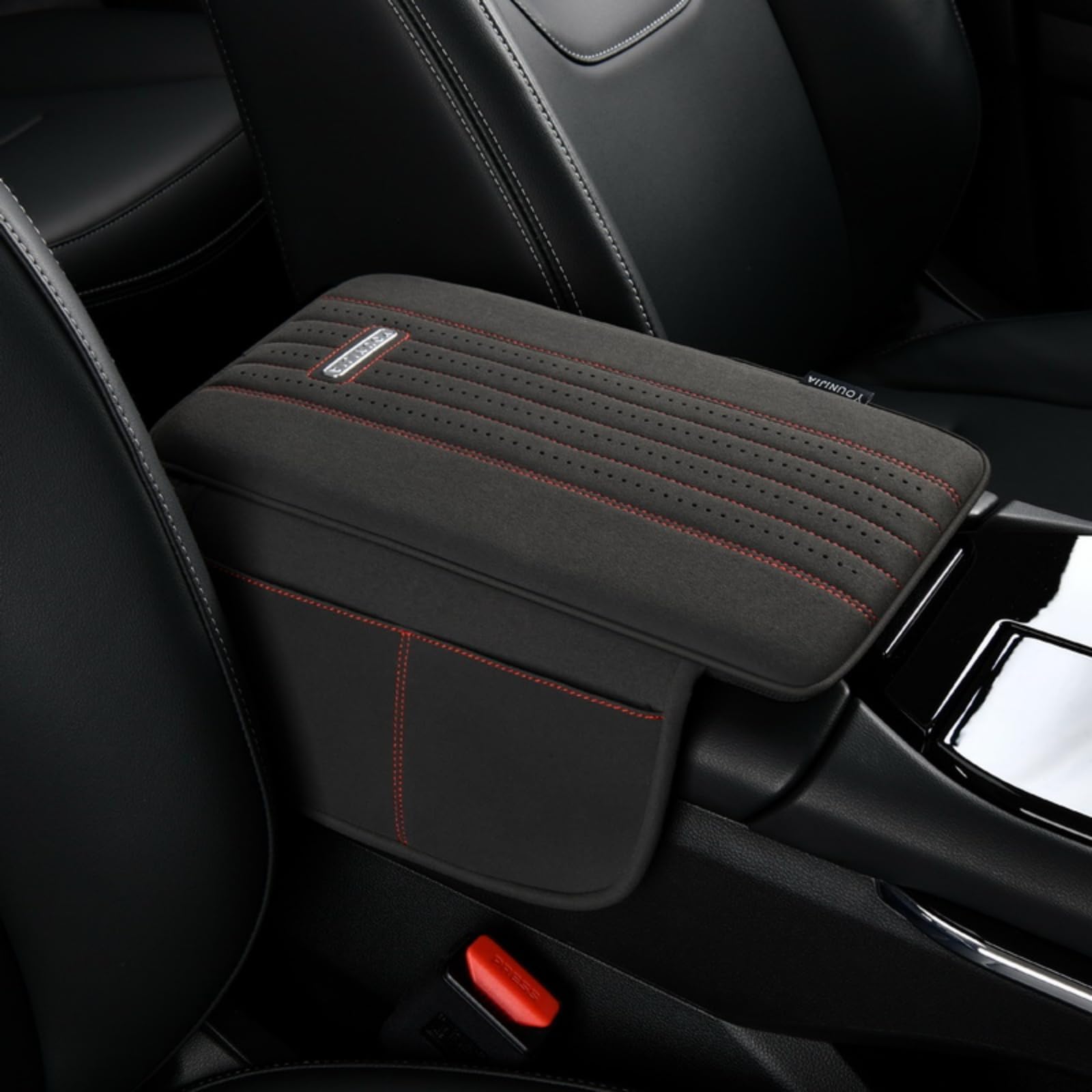 Car Armrest Cushion Pad with 2 Storage Bags Breathable Holes, Microfiber Suede Non-Slip Center Console Cover Mat for Car Accessories Interior Organizers, Black