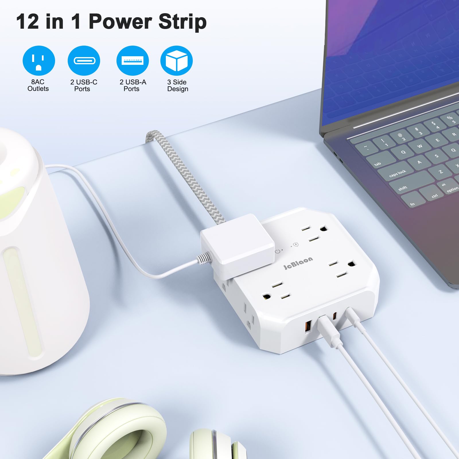 Power Strip Surge Protector - 8 Outlets with 4 USB (2 USB C) Charging Ports,JcBlaon Multi Ultra Thin Flat Plug Outlet Adapter with 5Ft Braided Extension Cord for Home, Office, Dorm,Travel Essentials