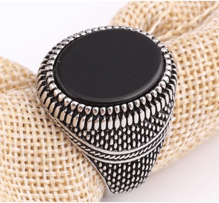 QUSIIOSLK Turkish Handmade Oval Agate Ring Solid 925 Sterling Silver Black Onyx Rings for Men Vintage Natural Agate Stone Ring Statement Band Jewelry Gift for Him 9 - Image 2