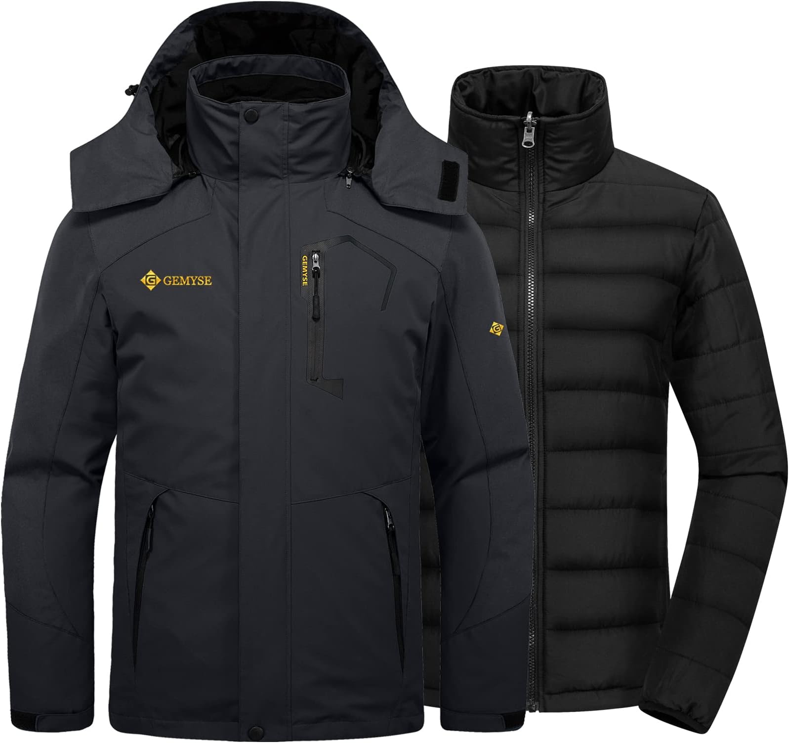 GEMYSEMen's Waterproof 3-in-1 Ski Snow Jacket Puffer Liner Insulated Winter Coat (Black,Small)
