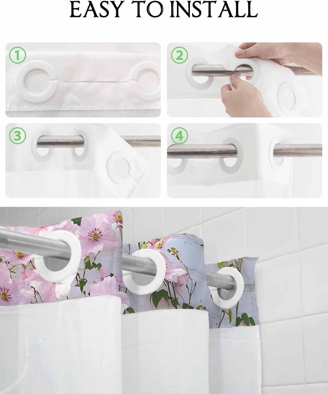 No Hook Shower Curtain with Snap in Liner,Spring Pink Flower Green Leaf Waterproof Bath Curtain with See Through Top Window,Blossom Floral White Brick Wall Shower Curtains for Bathroom Decor,60x72in