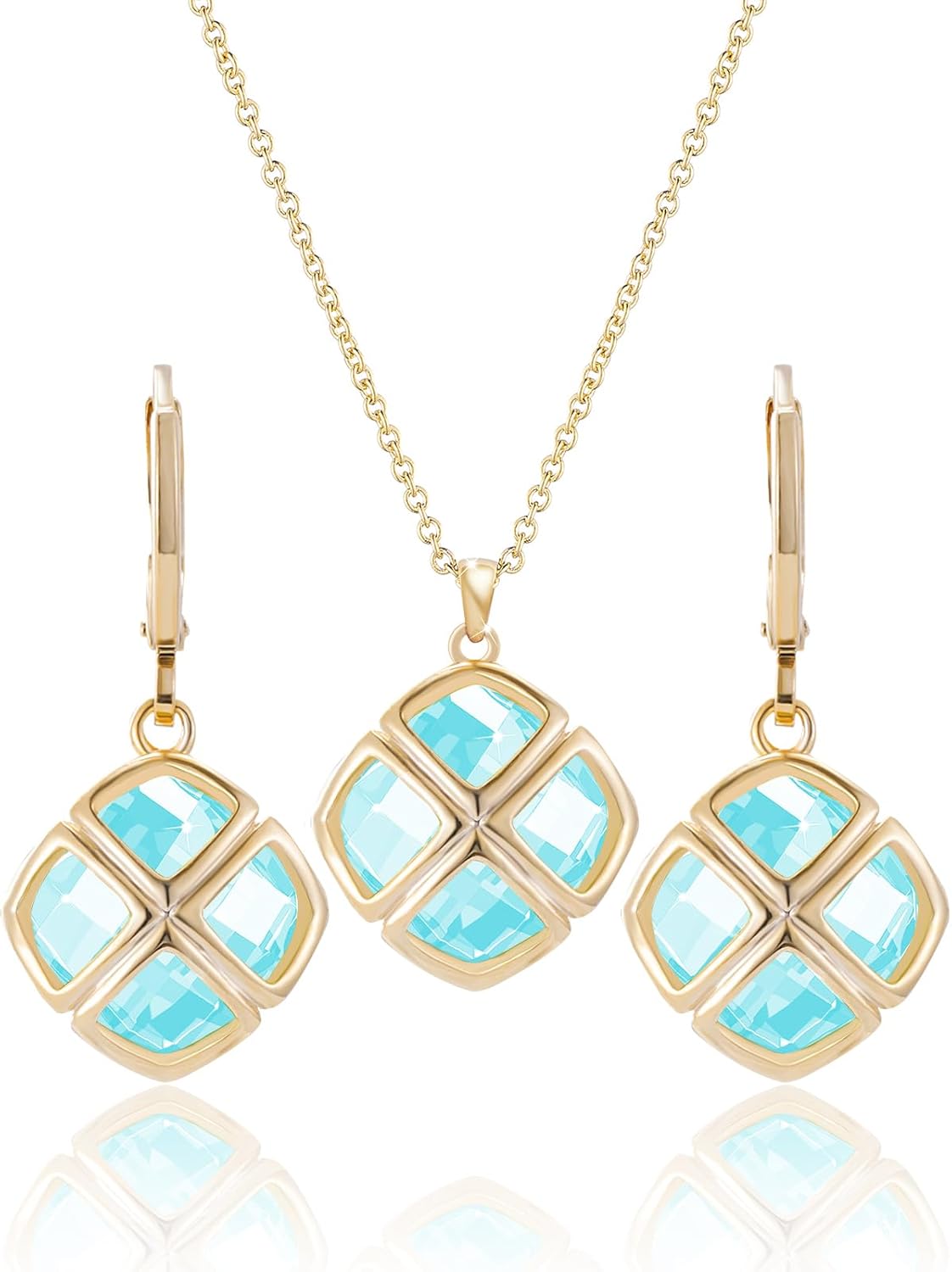 Qinpan Crystal Pendant Necklace Earrings Sets for Women 14K Glod Plated Jewelry