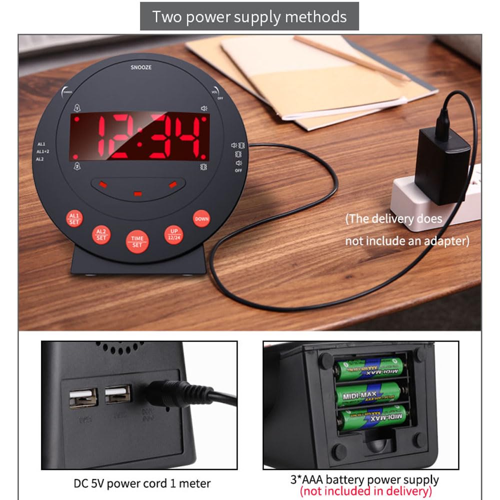 TS-BC600 Reloj Despertador con vibración Fuerte y luz de Flash para agitar la Cama Brillo Ajustable Snooze Ajuste de Alarma Dual Pantalla LED USB
