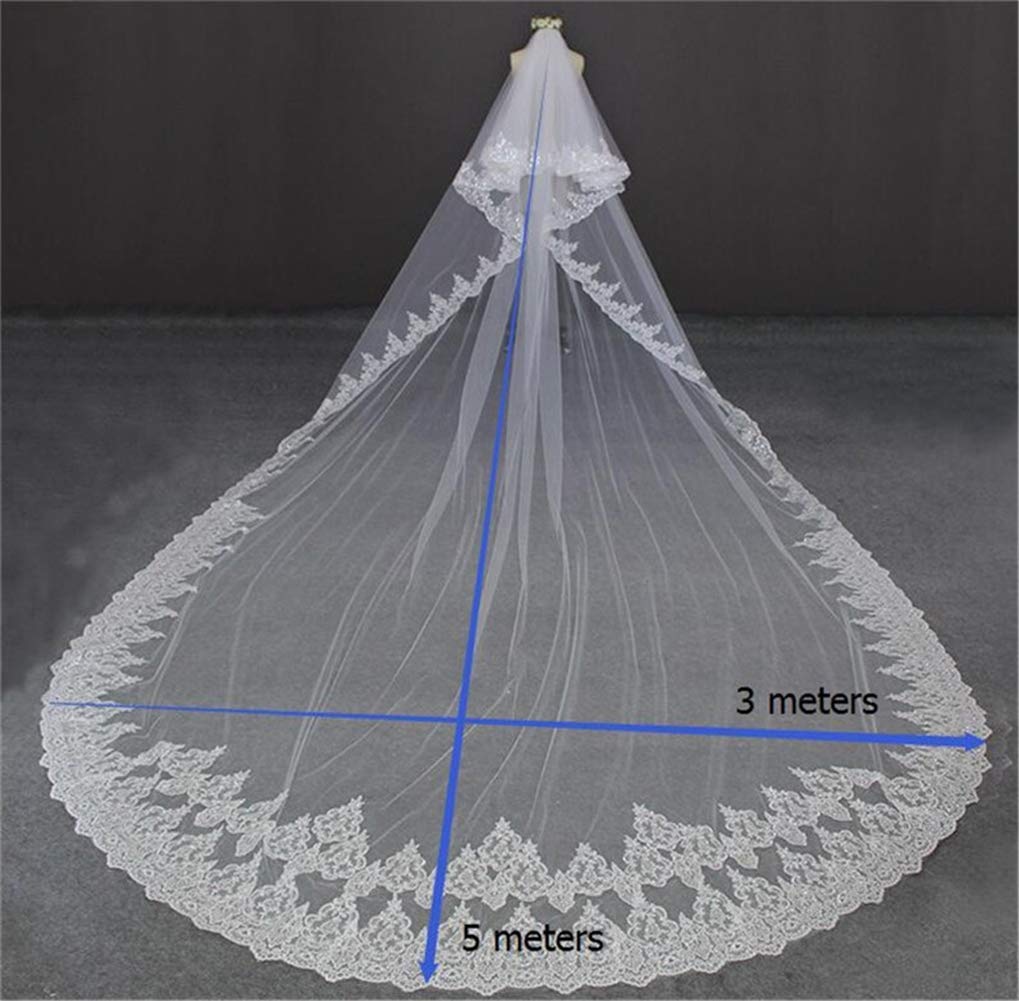 5 Mètres Voiles de Mariage Voile Mariée avec Lacet Applique Bordure Bling Paillettes 2 Tier Longue cathédrale Voile avec Peigne pour la mariée,Ivory