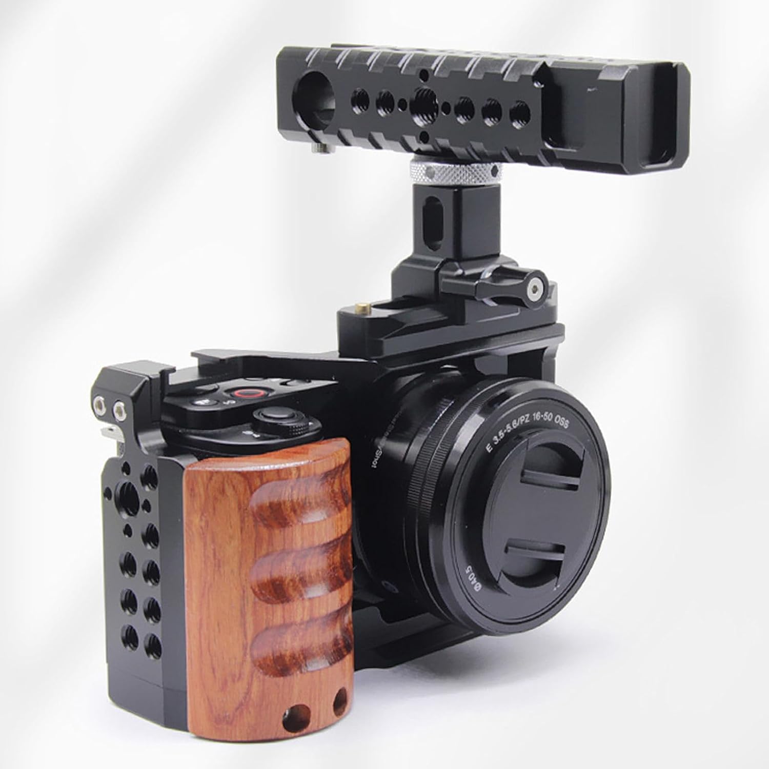 Universal Camera Cage Top Handle Grip, Adjustable Aluminum Alloy Rig with Cold Shoe Mount, 1/4 and 3/8 Inch Screw Holes, Removable Slider for Hole, for Microphones and Accessories