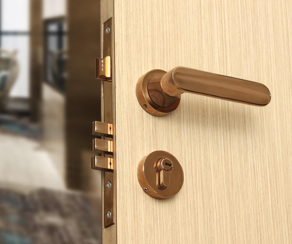 FIT N FORGET Heavy-Duty Mortise Door Lock Set with Handle and 3 Brass Keys | Main Door Lock for Home, Office, Hotel Doors, Bedroom Doors|Rose Gold Finish 158