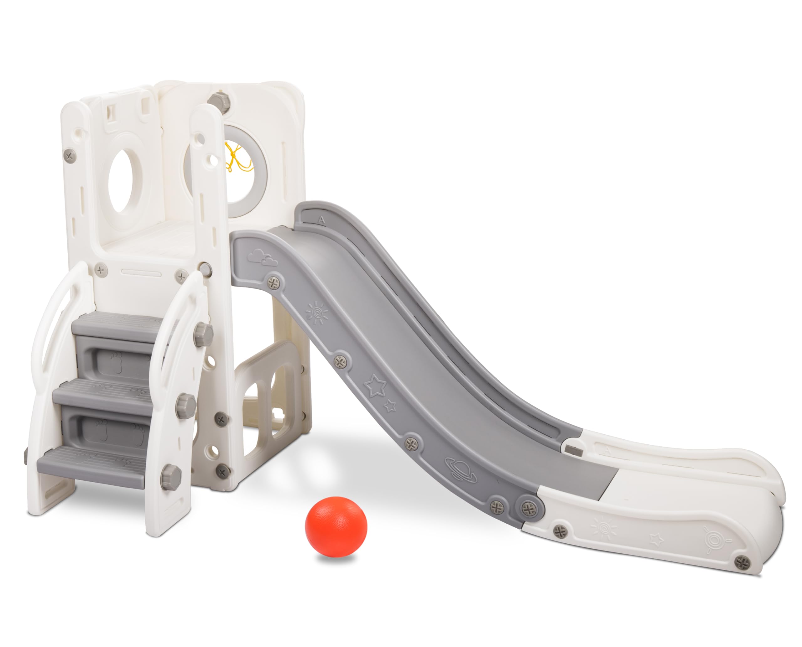 HLC Kinder-Rutsche mit Rutsche 140 cm und Basketballkorb, Kinderspielplatz-Stil, Beige, für Kinder von 1 bis 3 Jahren