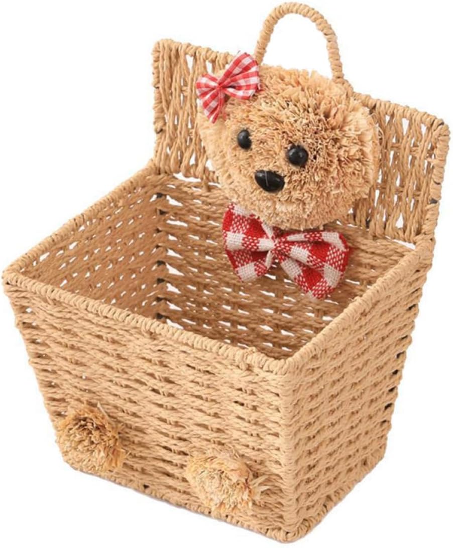 MAGICLULU Cartoon Bear Woven Hanging Basket, Handmade Wicker Desktop Storage Container, Khaki Wicker Organizer for ’ Room Nursery Storage