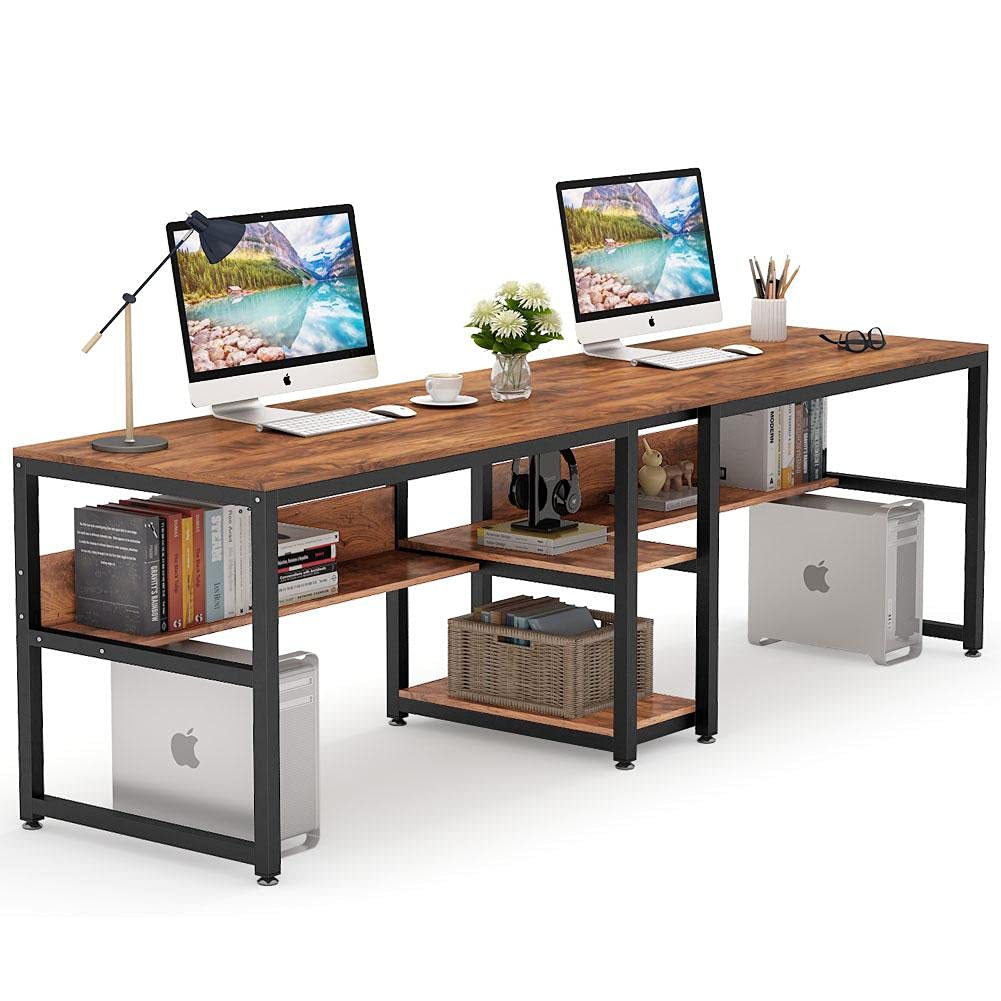 TEKAVO Engineered Wood Two Person Desk I 200 CM I Desk With Storage Shelves I Two People Office Table For Home I Computer, Laptop Table For Home Pc I Brown I DIY TEKAVO Engineered Wood Two Person Desk I 200 CM I Desk With Storage Shelves I Two People Office Table For Home I Computer, Laptop Table For Home Pc I Brown I DIY
