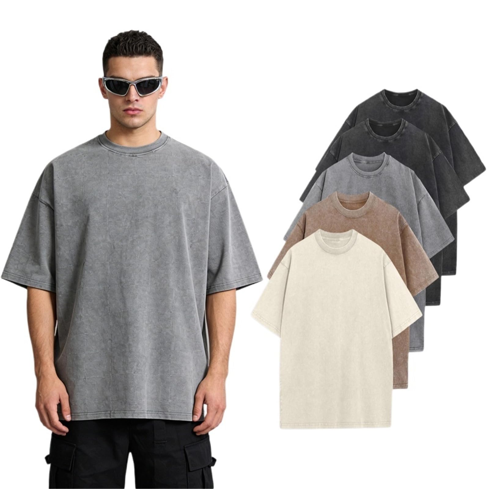 Camiseta Hombre Camisetas de Gran tamaño for Hombre, 5 Piezas, Ropa Calle con Ajuste Holgado, Cuello Redondo Retro, Verano sólida Talla Grande