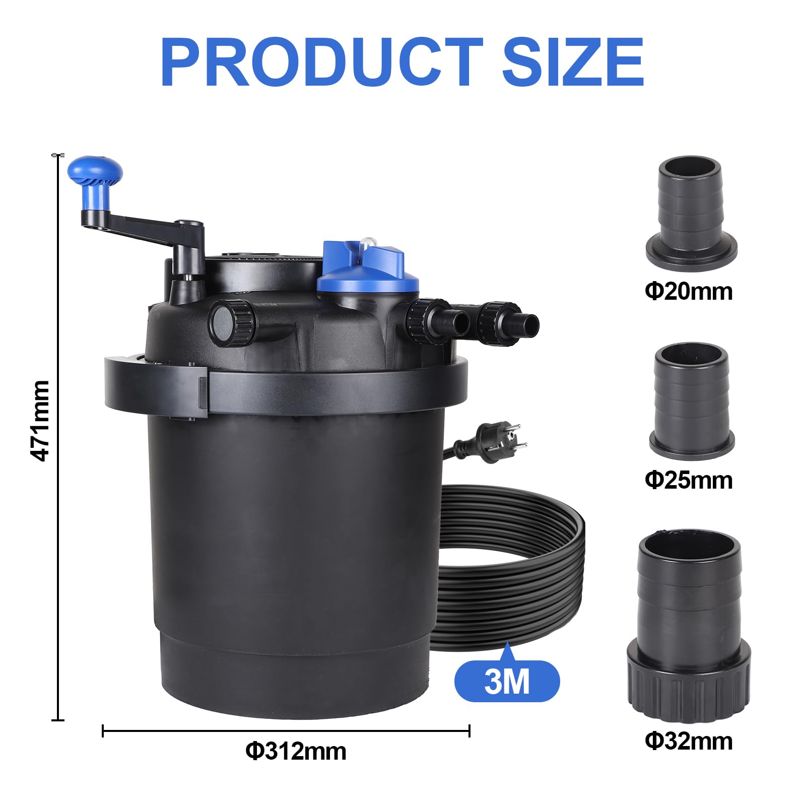 CPROSP Filtro de Estanque a Presión con UV-C 11W | 6.000 L/h | Agua Cristalina sin Químicos | Limpieza con Manivela | IP44 | Cable 3m