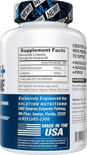 Miniatura 2 de Evlution Nutrition Creatina + L-Arginina  Apoya el flujo sanguíneo, la recuperación después del entrenamiento y el crecimiento muscular magro  500