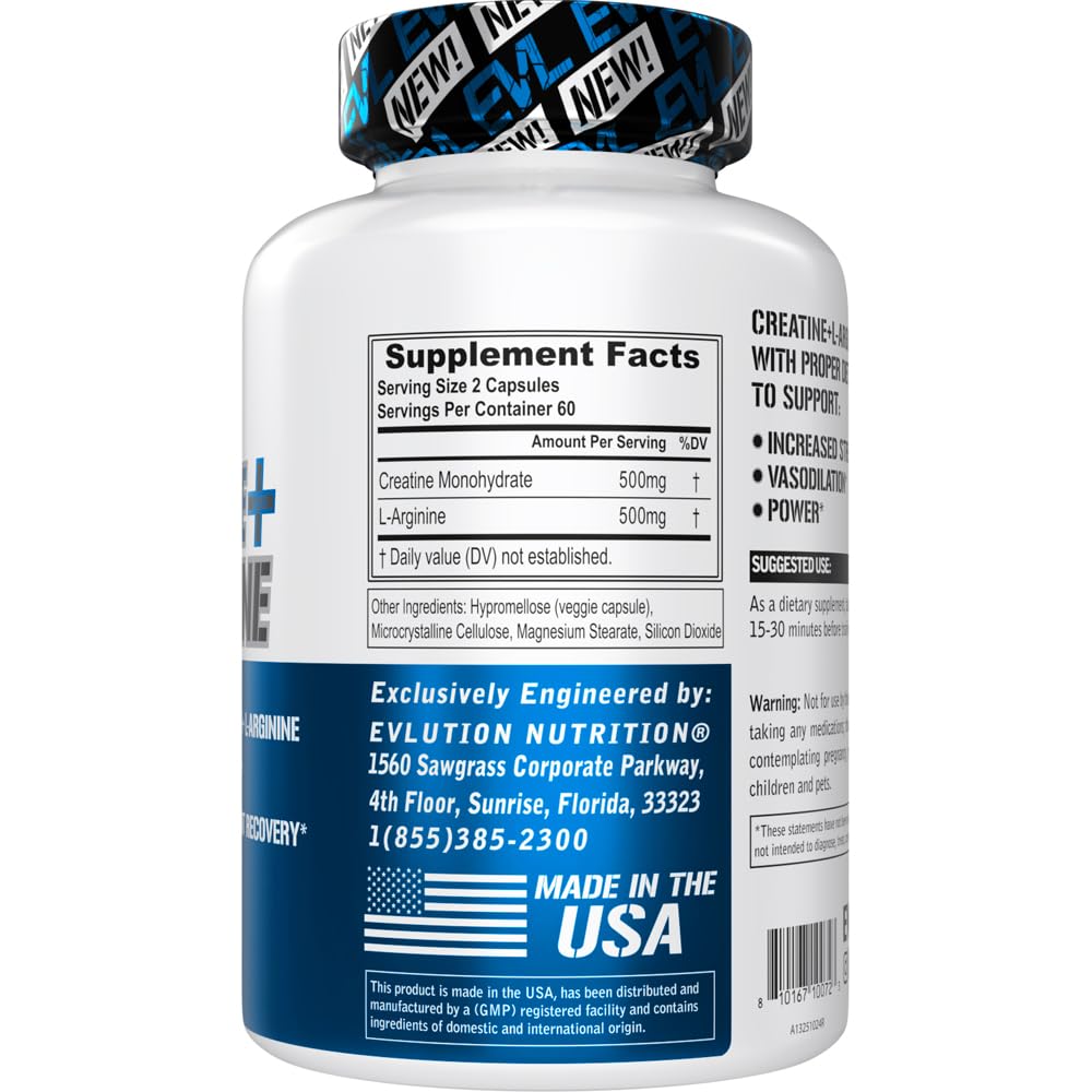 EVL Creatine + L-Arginine Supplement Capsules, 500mg Each - 60 Servings — Amazon image 2