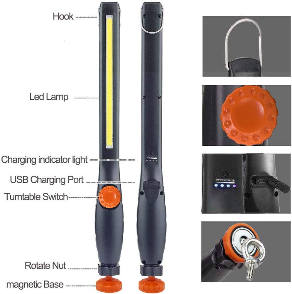 USB Rechargeable Inspection Lamps,with Super Bright COB Led 360 Degree Rotation Magnetic Plate and Handing Hook for Workshop Household Outdoor Camping Hiking Work Lights (Orange)