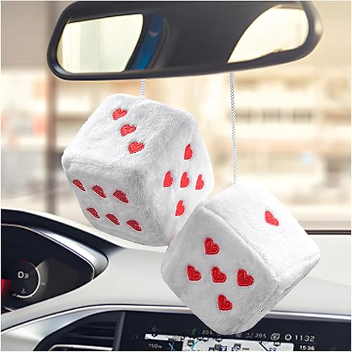Miniatura 12 de 2 PCS Dados de Felpa Mullidos para Espejo de Coche, 2.75" Forma Cuadrada Retro de Corazón Decoración Linda para Espejo Retrovisor de Coche, Dados