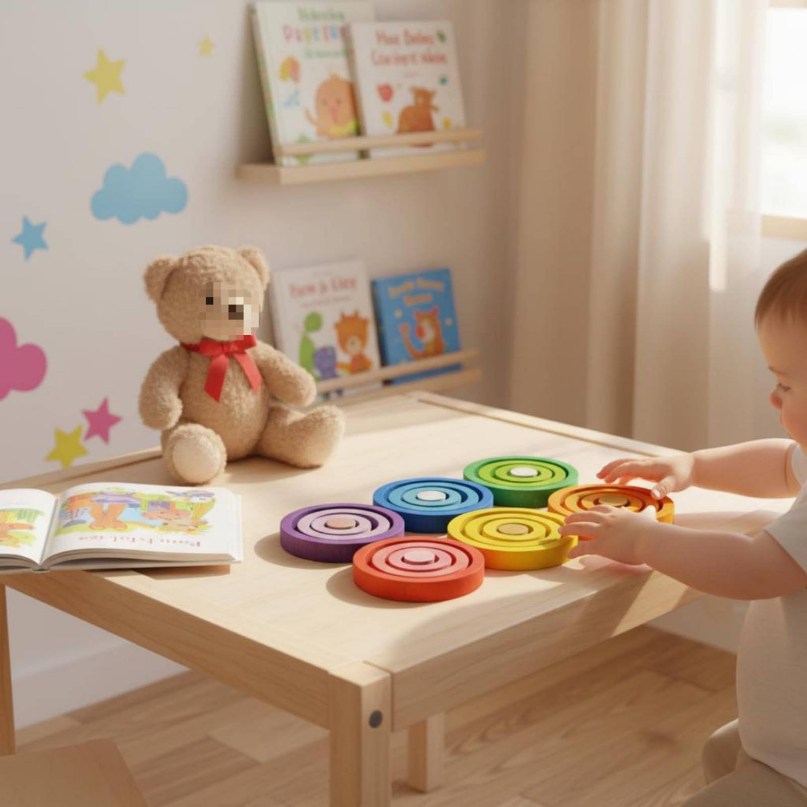 Aros Apilables para Niños Juguete Educativo de Madera Puzzle de Discos Torre de Anillos Juego de Apilar Beech Liso para Aprendizaje Táctil y