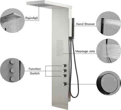 Miniatura 25 de BWE Panel de ducha 3 en 1, sistema de torre de acero inoxidable, cabezal de ducha de lluvia con ducha de mano y chorros corporales de masaje de Oro