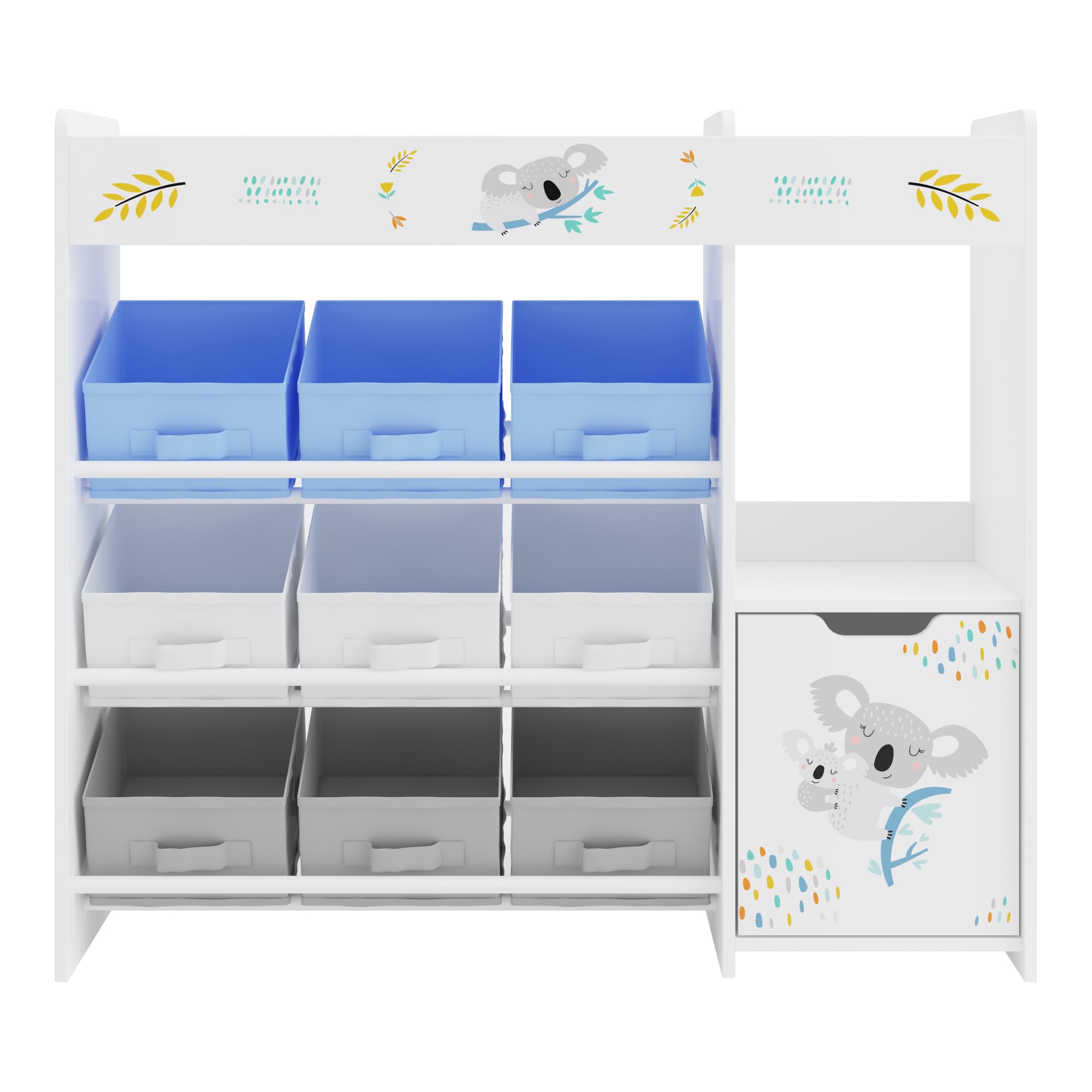 [en.casa] Étagère Enfant avec 9 Boîtes de Rangement et Armoire Meuble de Stockage Bibliothèque avec Koala Océan Panneau de Particules Polyester Métal 80 x 90 x 30 cm Blanc Gris Bleu