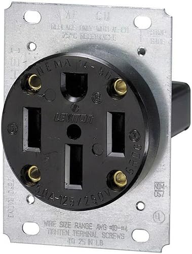 Leviton 279-S00 - Receptáculo de montaje empotrable, 50 A, 125250 V, NEMA 14-50R, 3P, 4W, hoja recta, grado industrial, conexión a tierra, cableado