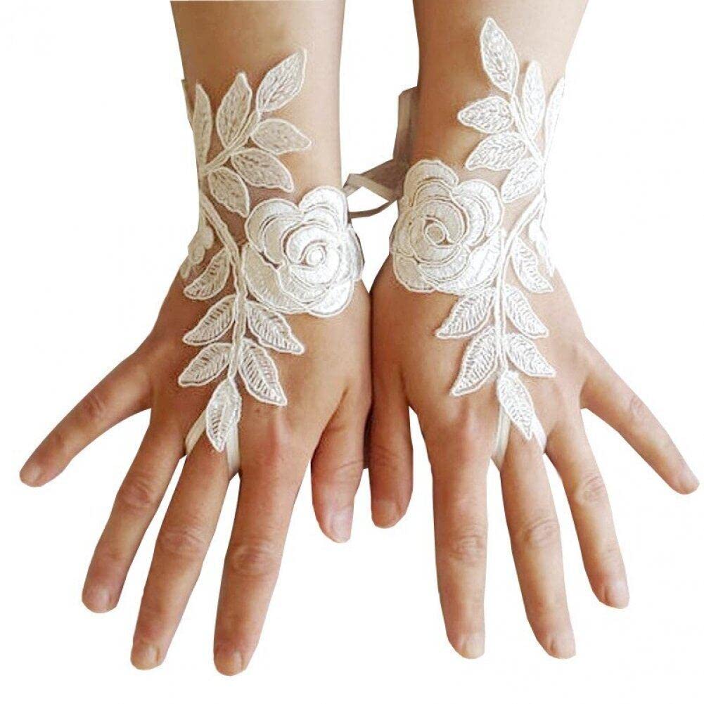 Women's Lace Short Gloves Flower Embroidered Fingerless Bridal Wrist Gloves for Opera Evening Wedding Tea Party Prom Cosplay Costume