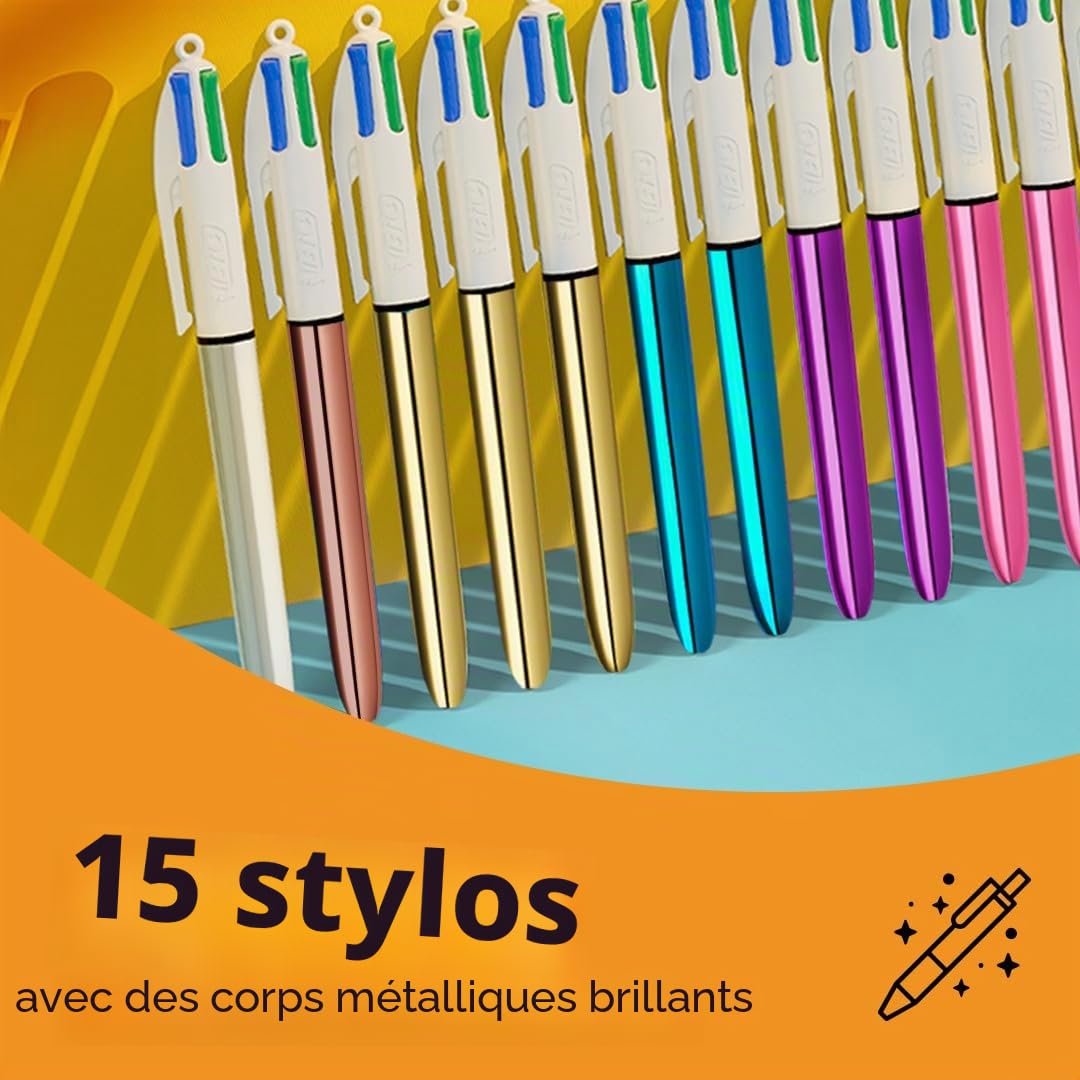 BIC Lot de 15 stylos à bille rétractables 4 couleurs Rainbow Shine, pointe moyenne (1 mm)