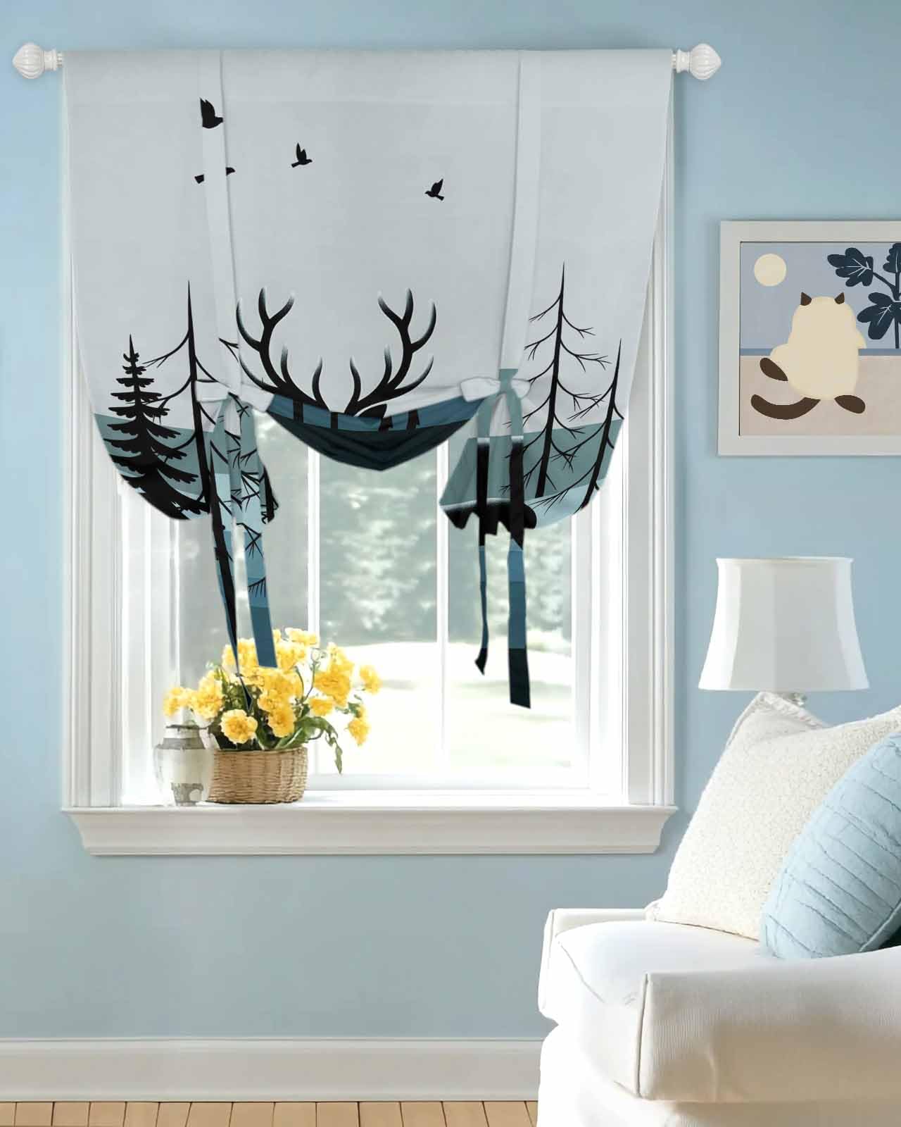 Tie Up Curtains for Windows Forest Elk Bird Silhouette Rod Pocket Tie-Up Window Shade Adjustable Balloon Curtain Valance Gradient Stripes for Bedroom Kitchen Bathroom Blinds,42x45in