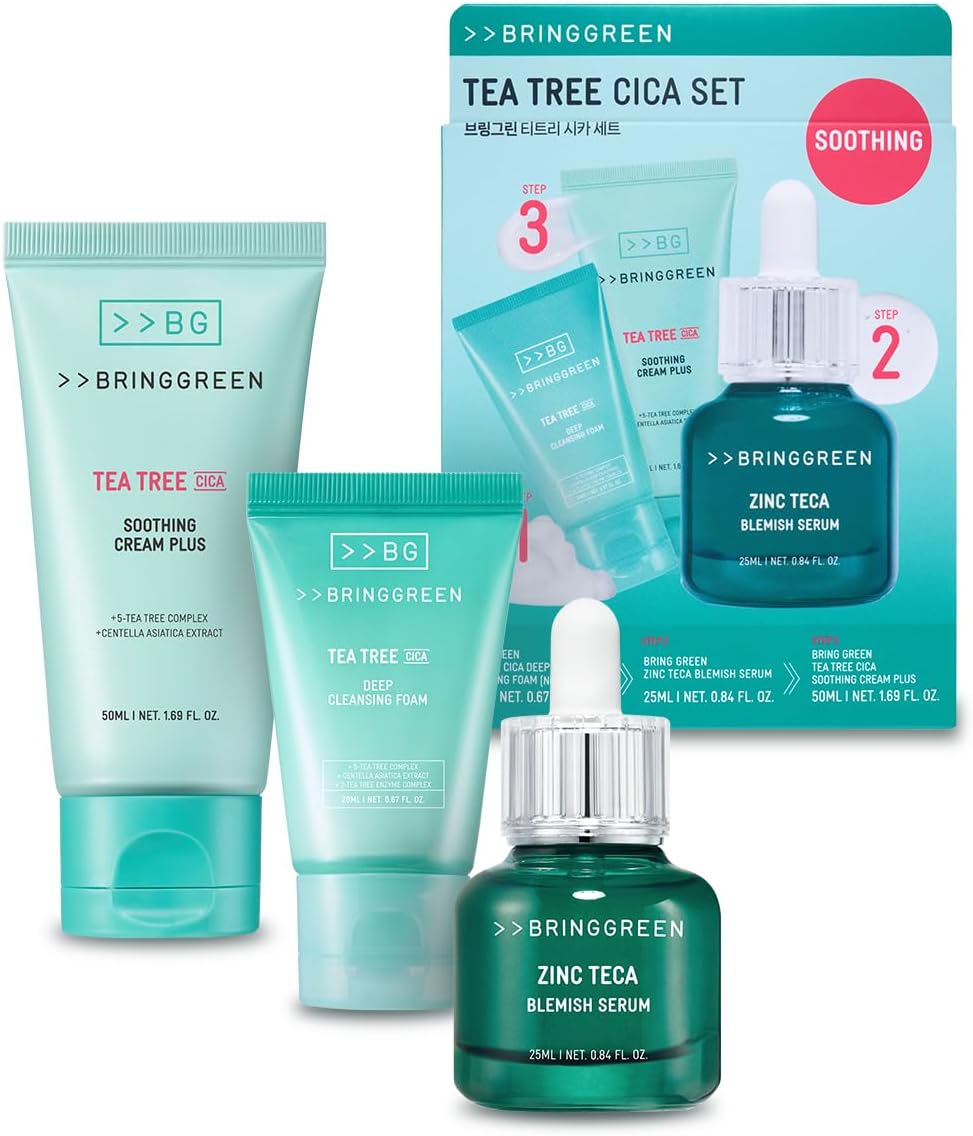 BRING GREEN TEA TREE CICA SET | Korean Skin Care Kit for Acne-Prone, Sensitive Skin | Zinc Teca Serum, Tea Tree Hydrating Moisturizer & Deep Cleansing Foam | Oil Control & Pore Care | K-Beauty Gift
