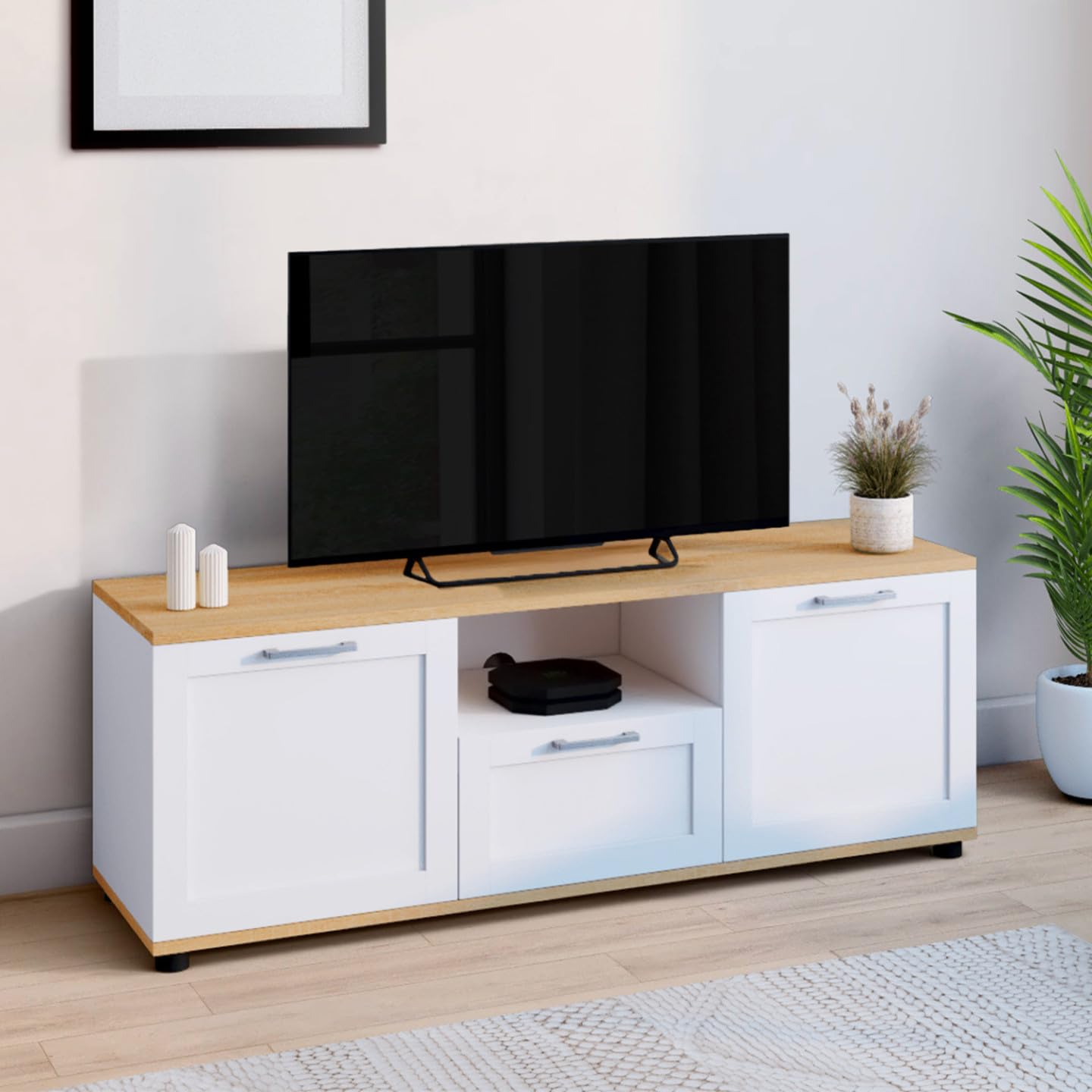 IDMarket - Mueble TV VITO con cajón y hornacina blancos y encimera de madera de 110 cm
