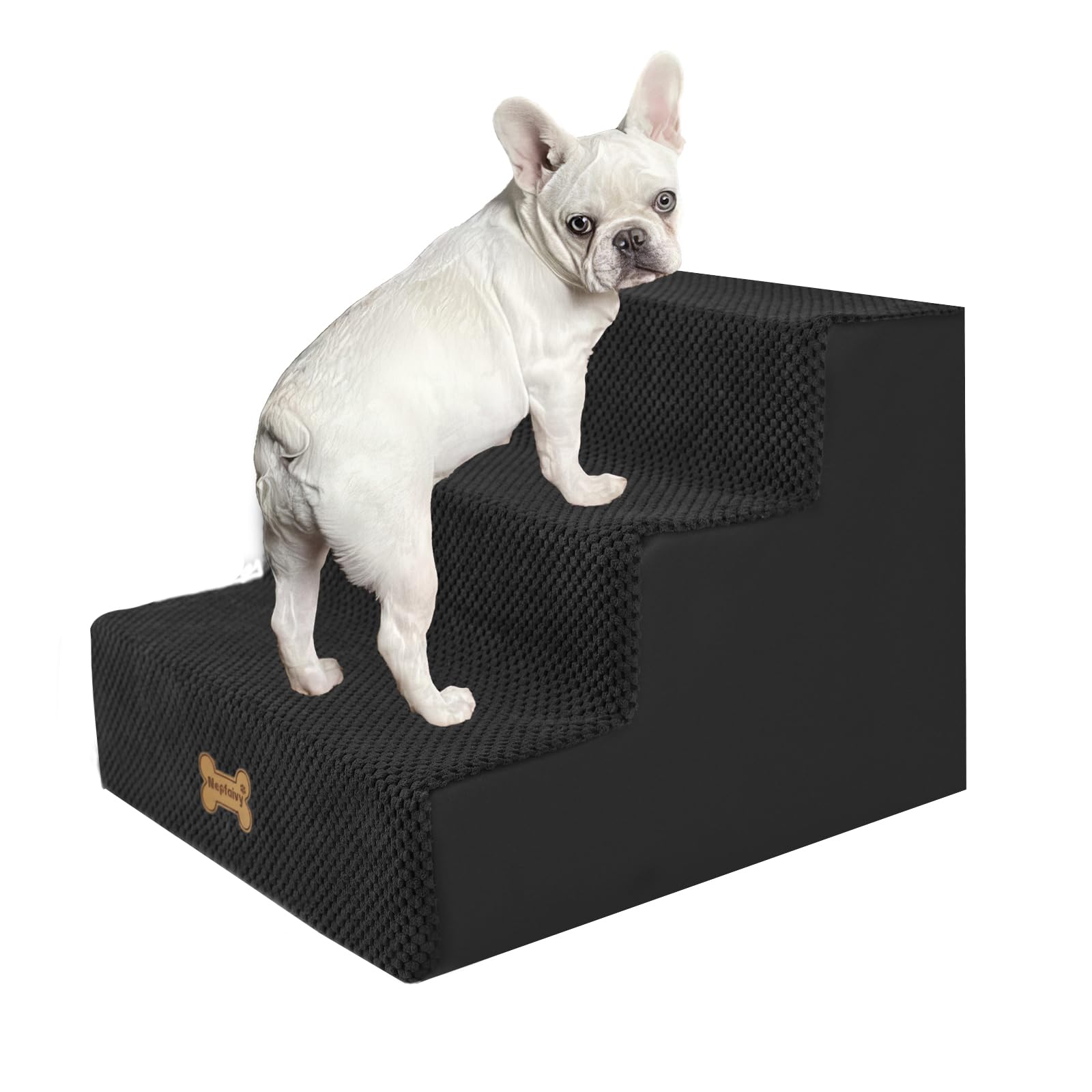 Nepfaivy Hundetreppe für Kleine Hunde 3-Stufig, Hundetreppe Hunderampe für Bett und Sofa aus Hochdichtem Schwamm, Haustiertreppe mit Abnehmbarem, Waschbarem Bezug und Rutschfestem Boden, 45x40x34cm