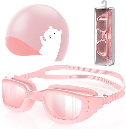 Miniatura 10 de Kids Swim Goggles with Silicone Swim Cap, Swimming Goggles Cap Set for Kids 6-14, Anti-Fog Anti-UV for Boys Girls Casquillo blanco/rosa+rosa,Gorra