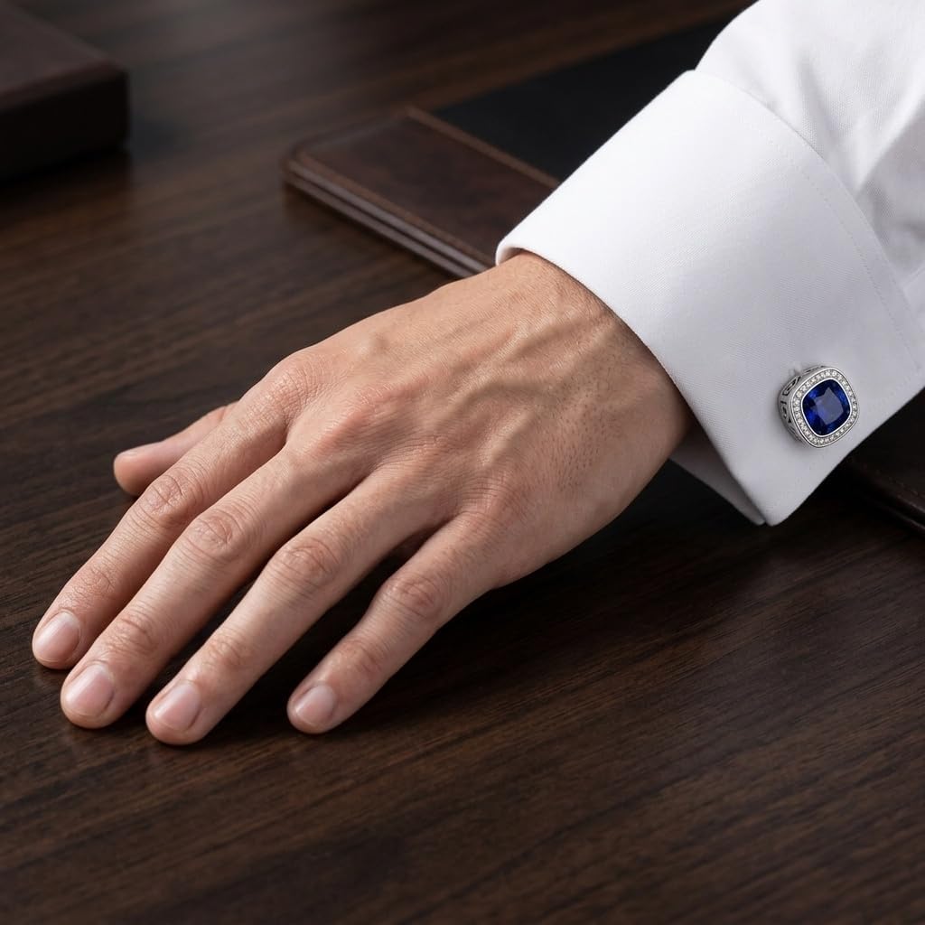 Sapphire Cufflinks 925 Sterling Silver Wedding Tuxedo Cuff Links