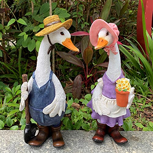Ironrain IR-YUANDINGYA-2 COLORS Garden Statues Gardener Couple Duck, Indoor Outdoor Decorations Cute Ducks Art Décor Goose Figurine Ornament thumb #5