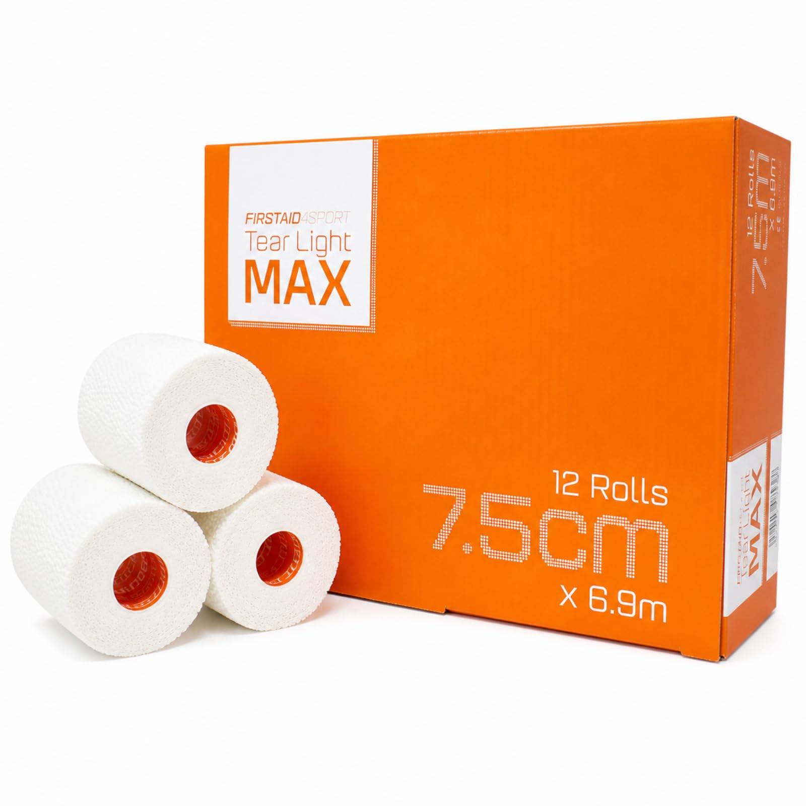 Firstaid4sport 12 x Rolls White Tear Light MAX EAB Tape 7.5cm x 6.9m – Extra Long Tearable Elastic Adhesive Bandage for Rugby, Joint Support, Compression, Wrist, Thumb & Ankle Taping