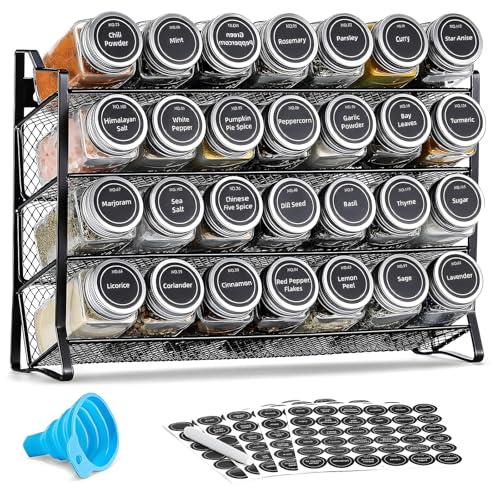 OUUTMEE Spice Rack 4-Tier Steel Spice Rack Organizer with 28 Spice Jars Kitchen Stackable Spice Racks with Labels for 120ml Spice Jar Spice Storage for Kitchen Cabinet or Countertop