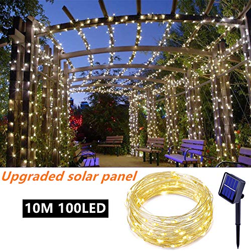 Ooklee - Guirnalda solar de luces para jardín, 10 m, 100 luces LED, 8 modos, impermeable, alambre de cobre para patio, puerta, patio, exterior, hogar, cenador, decoración de vallas (blanco cálido)