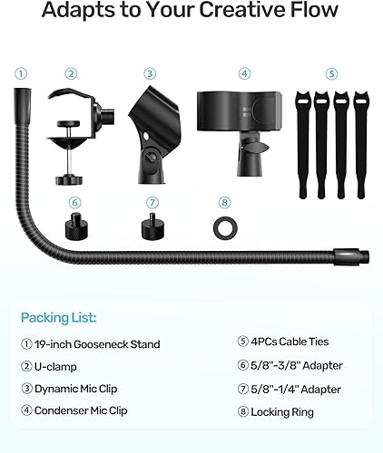 Miniatura 8 de Soporte de micrófono de cuello de cisne de 19 pulgadas, brazo de micrófono ajustable de 360 con 2 soportes de micrófono y abrazadera de soporte de
