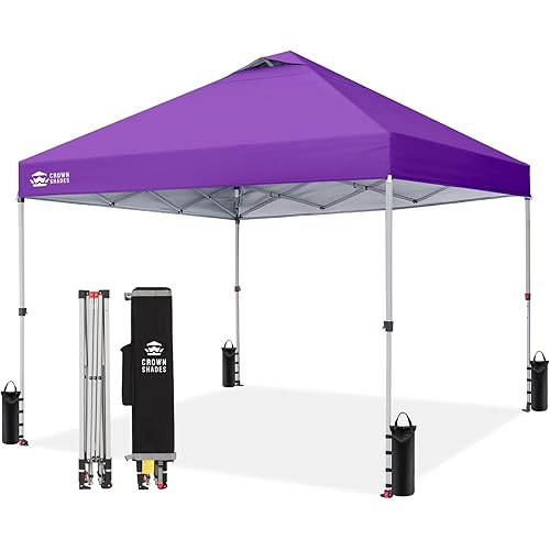CROWN SHADES 10x10 Pop Up Canopy - Beach Tent with One Push Setup - Easy Outdoor Sun Shade for Events, Parties, Camping - Gazebo with STO-N-Go Cover Bag, Silver Coated Top, Purple