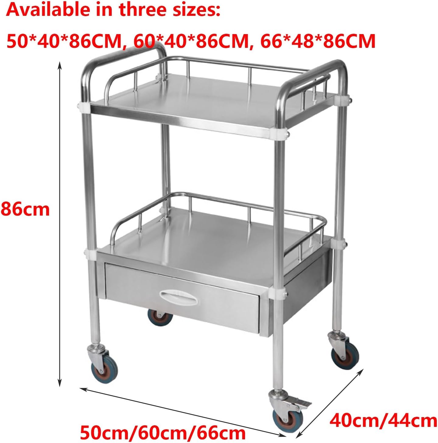 Lab Serving Cart,2 Layers Cart Trolley, Stainless Steel Medical Carts with Wheels Lab Utility Cart with 1 Drawer,Utility Rolling Carts for Laboratory, Hospital, Dental, Restaurant
