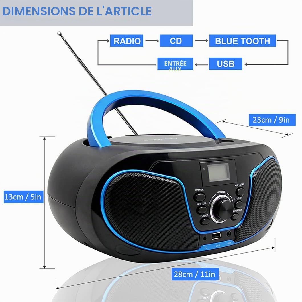 Lecteur CD avec Bluetooth, LP-D02 Radio FM Portable Stéréo avec Son Cristallin, Lecture MP3, Entrée USB et AUX, Prise Casque, Ecran LCD