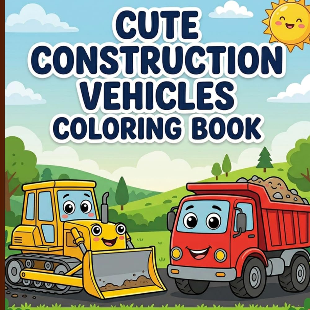 Cute Construction Vehicles Coloring Book: Lovely Diggers and Bulldozers with Joyful Faces inside Borders for Easy Toddler Screen-Free Activities