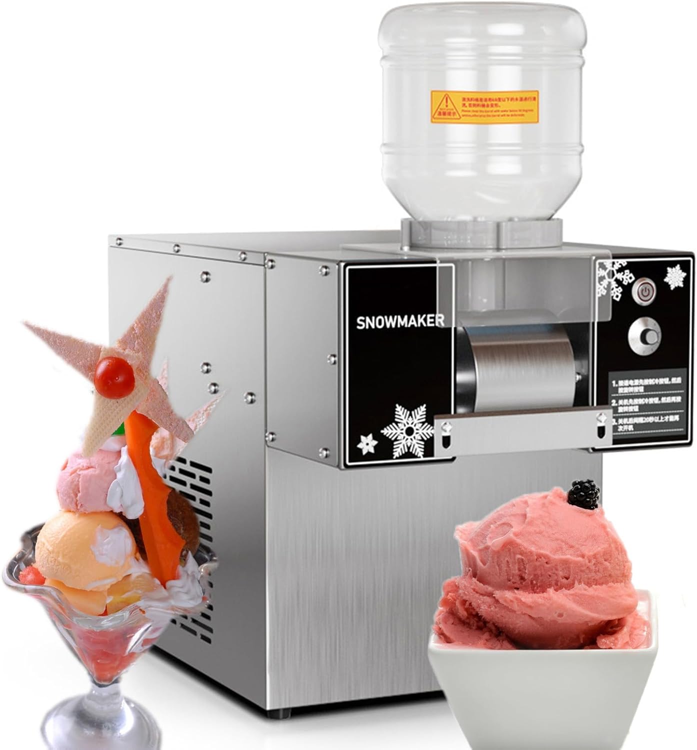 Commercial Snowflake Ice Machine - 60KG/Day Stainless Steel Shaved Ice Maker, Adjustable Speed Electric Snow Cone Shaver for Dessert Shops & Ice Cream Parlours