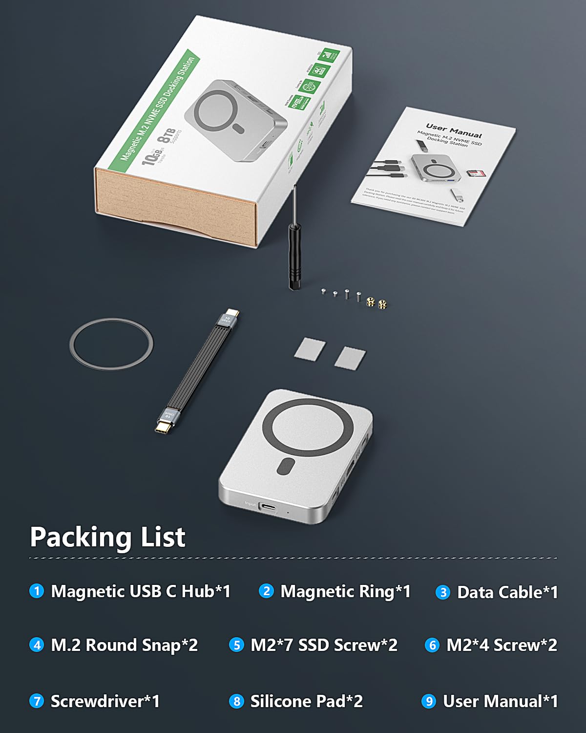 Alloggiamento magnetico M.2 NVMe con ventola di raffreddamento, Hub USB C 7 in 1 Trasferimento dati 10Gbps 4K@60Hz HDMI 100W Power Delivery Lettore di schede SD/TF M.2 NVMe SSD Docking Station per
