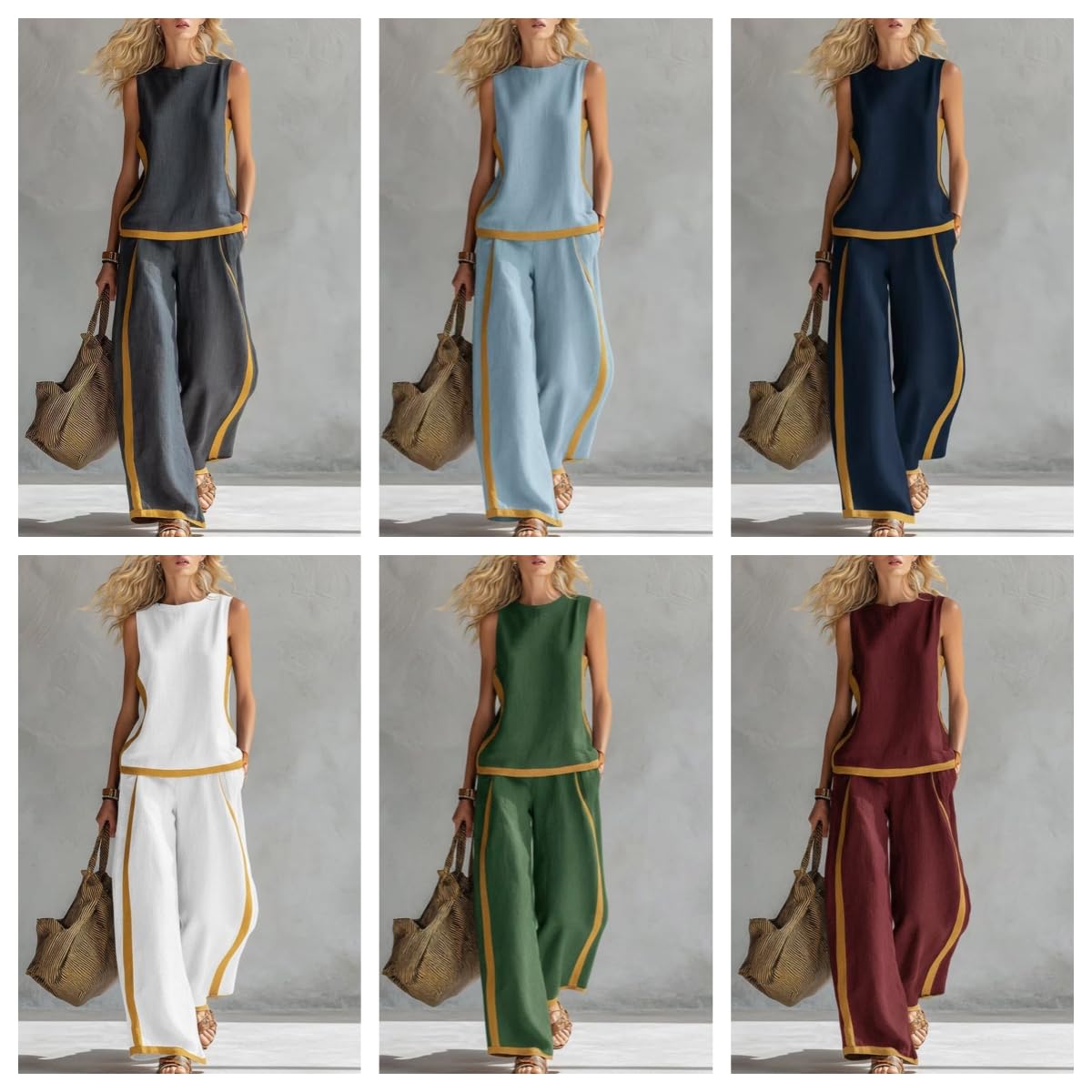 conjuntos De Verano De 2 Piezas para Mujer En Mezcla Lino, Top Sin Mangas con Cuello Redondo Y Bloques Color, Pantalones Pierna Ancha Talle Alto, conjunto Casual Holgado para Estar En Ca